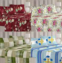 Combo 4 Double Bedsheet With 8 Pillow Covers - 85 X 86 Inches, Multicolor | Fade Resistant & Durable Breathable & Wrinkle Free Bed Sheet