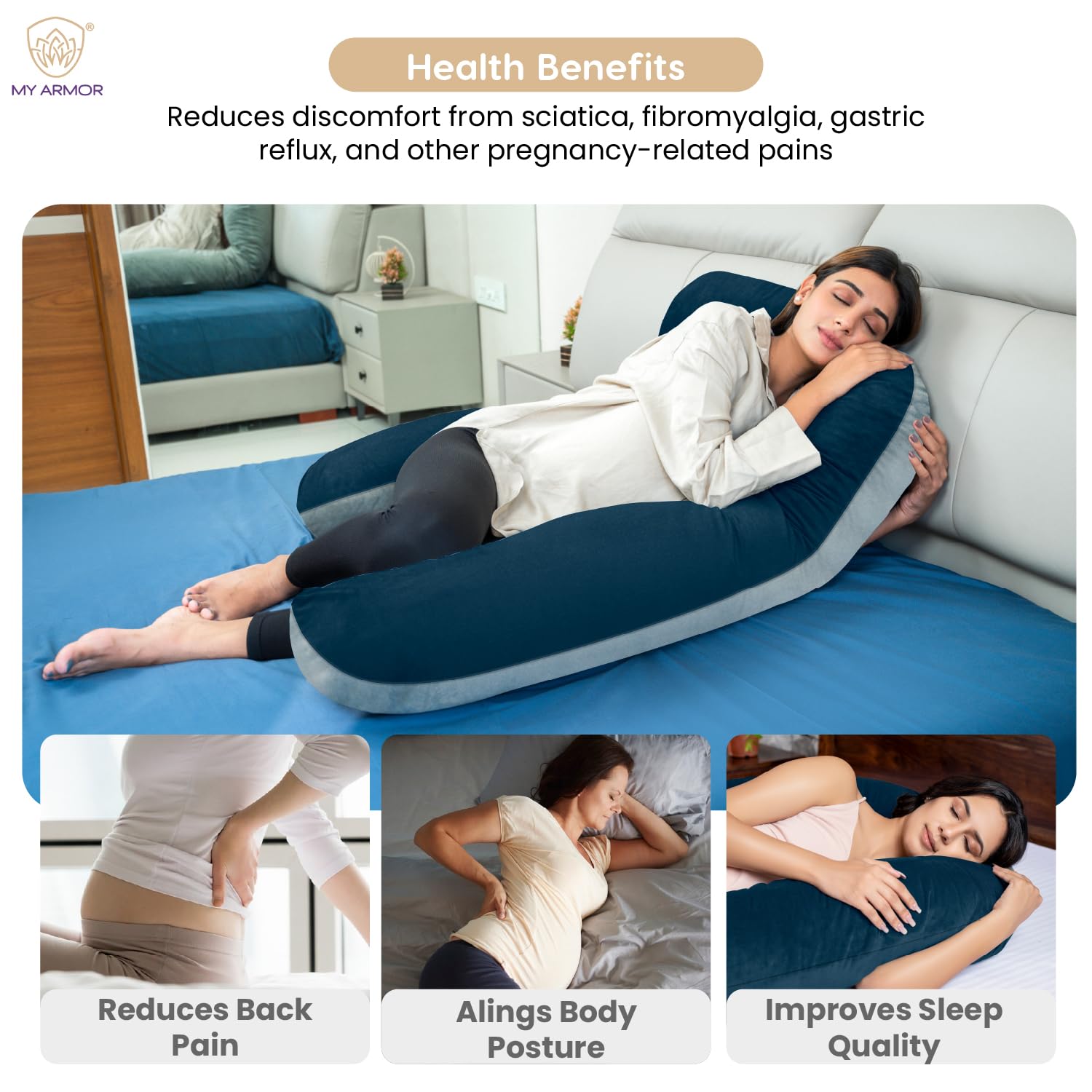 Full Body U Shape Pregnancy Pillow For Women, Maternity Pillow, Grey & Navy Blue | Pillow Gift For Pregnancy Sleeping, Premium Velvet Cover With Zip | Adjustable & Washable, Relieves Pain