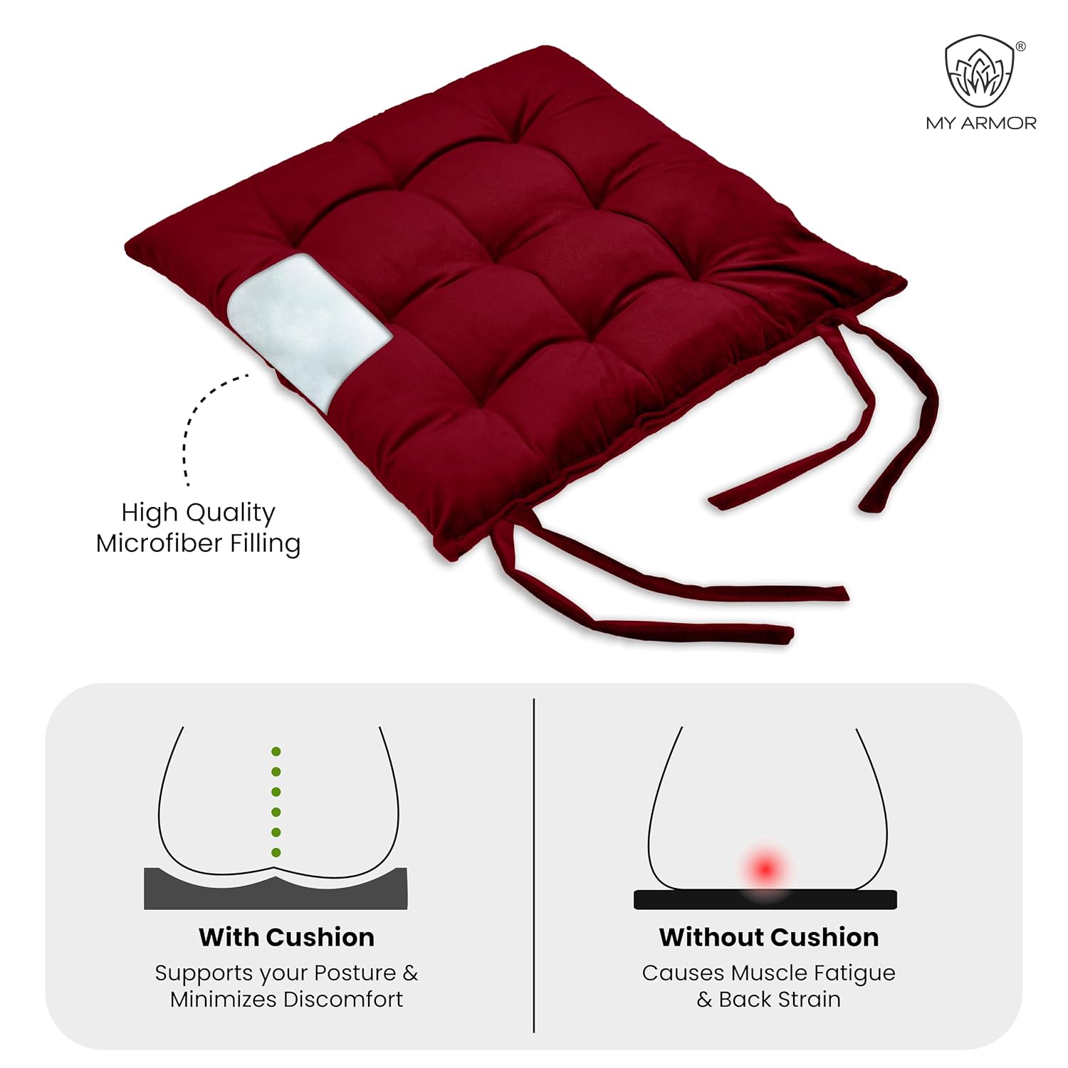 Square Chair Pads Cushion, For Comfortable Sitting, Maroon Color - 40 X 40 Cm | Seat Cushions With Ties For Sitting, Pooja, Dining & Office Table | Furniture Cushion, Washable - Pack Of 2