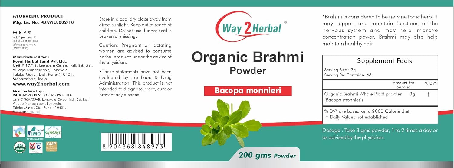 Way 2 Herbal Organic Brahmi Powder, Bacopa Monnieri, Chemical & Gluten Free, 100% Natural & Pure Organic Powder | 200gm 0.4lbs Each Pack Of 2