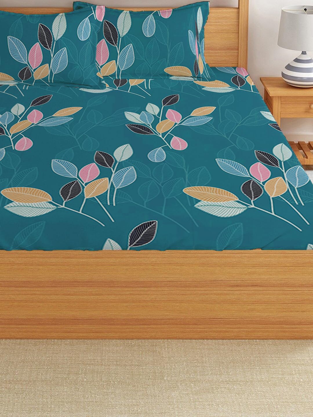Double Bed Bedsheet With 2 Pillow Covers - 72 X 78 X 10 Inches, Green | Elastic Fitted Printed King Size Bedsheet | Soft, Breathable & Wrinkle-Free