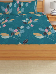 Elastic Fitted Printed Queen Size Double Bed Bedsheet With 2 Pillow Covers | 60 X 78 X 10 Inches, Green | Super Soft Premium Brushed Glace Cotton Material