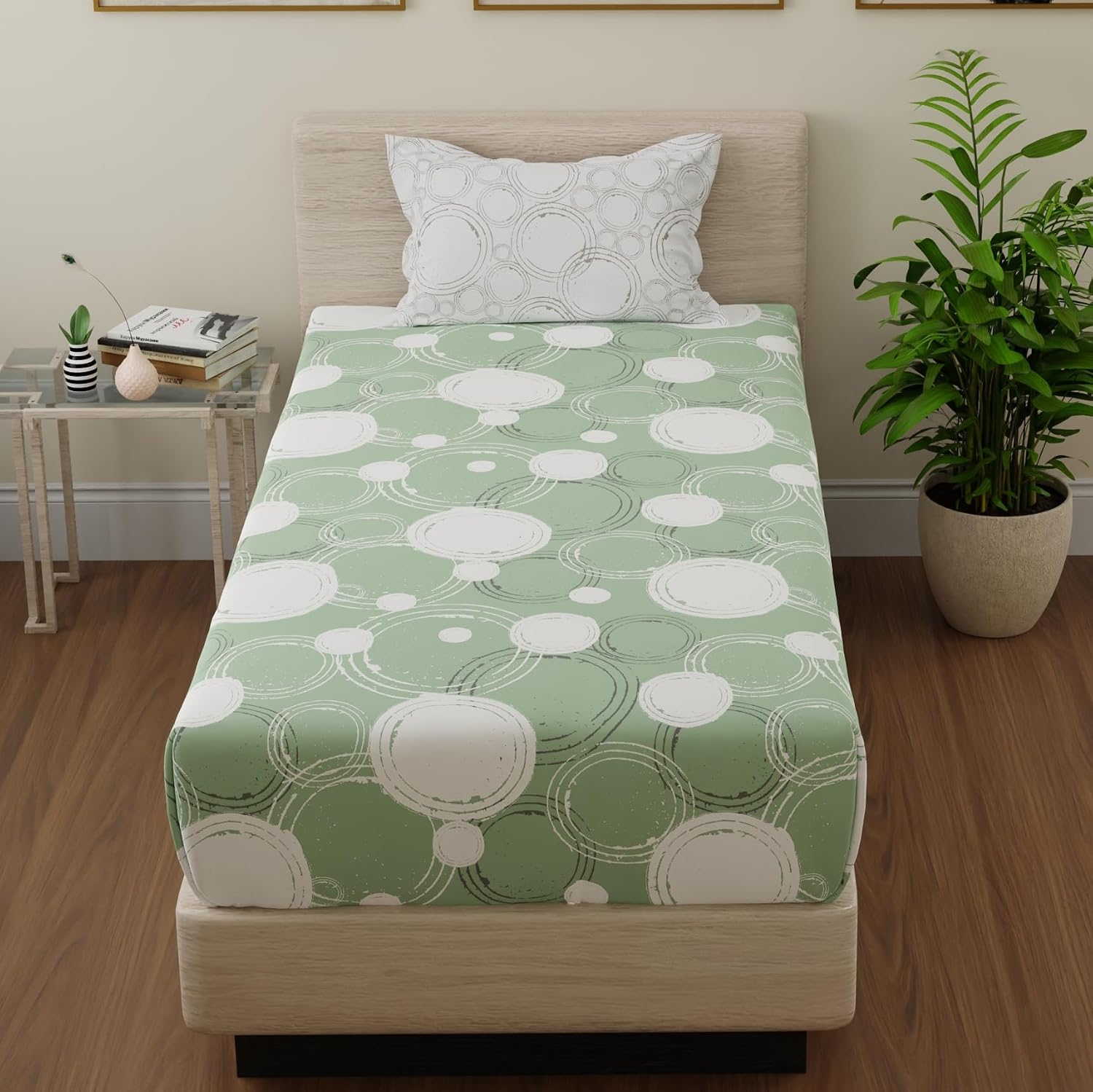 Beautiful Single Bedsheet With 1 Pillow Cover - 55 X 88 Inches, Green & Off White | Cotton Bedsheet Is Naturally Comfortable
