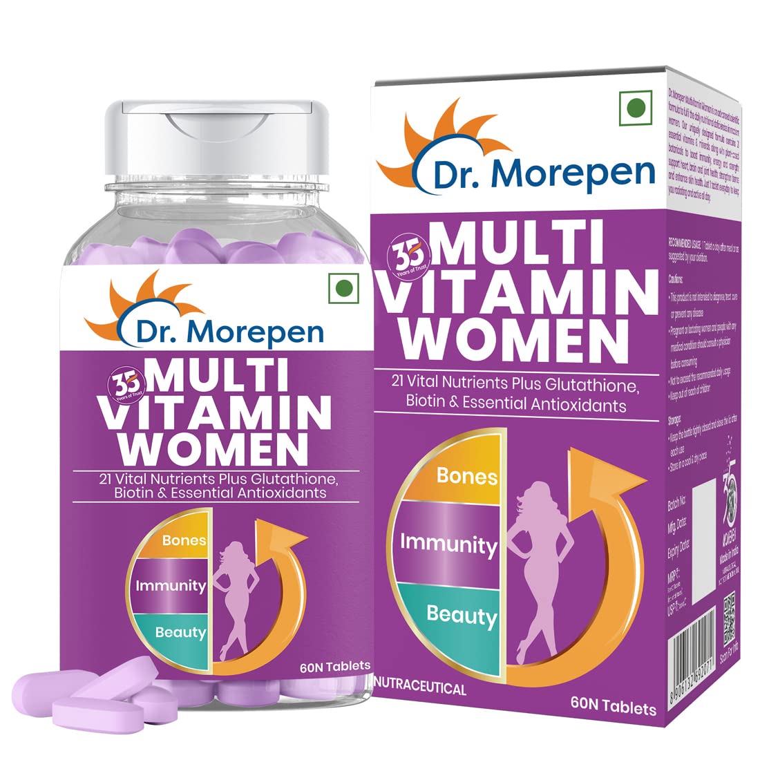 Dr. Morepen Multivitamin Tabs For Women | Energy & Immunity Booster Supplement | 60 Tablets , 100gm 0.2lbs