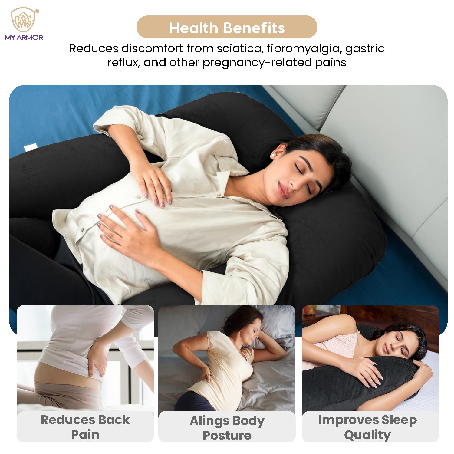 Full Body J Shape Pregnancy Pillow For Women, Maternity Pillow, Black | Pillow Gift For Pregnancy Sleeping, Premium Velvet Cover With Zip | Adjustable & Washable, Multipurpose Pillow