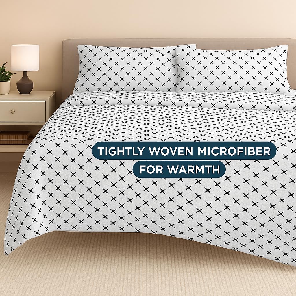Ninja Star Double Bedsheet With 2 Pillow Covers - 90 X 100 Inches, White & Black | Soft, Breathable & Skin-Friendly Bedding For Daily Use