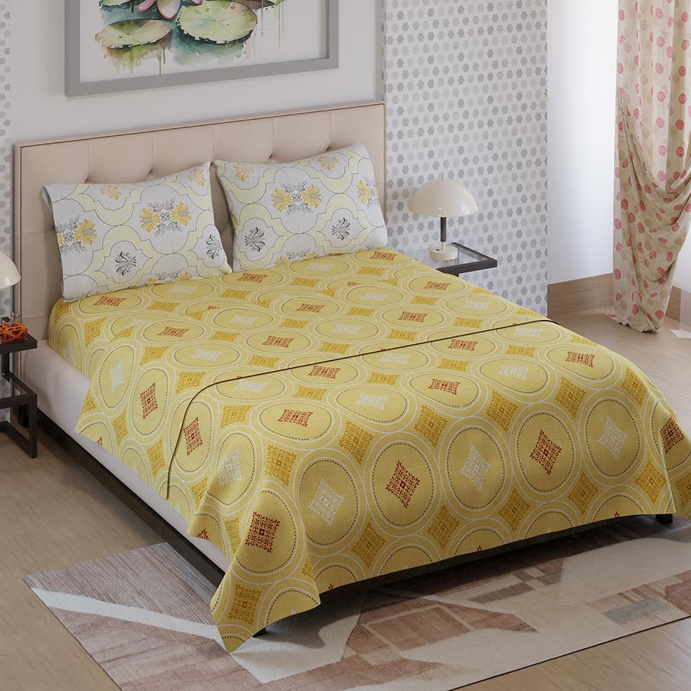 100% Cotton Double Bedsheet With 2 Pillow Covers Size - 87 X 95 Inches, Yellow | 125 Thread Count Lightweight & Durable - Gift For Housewarmings, Weddings, Birthdays