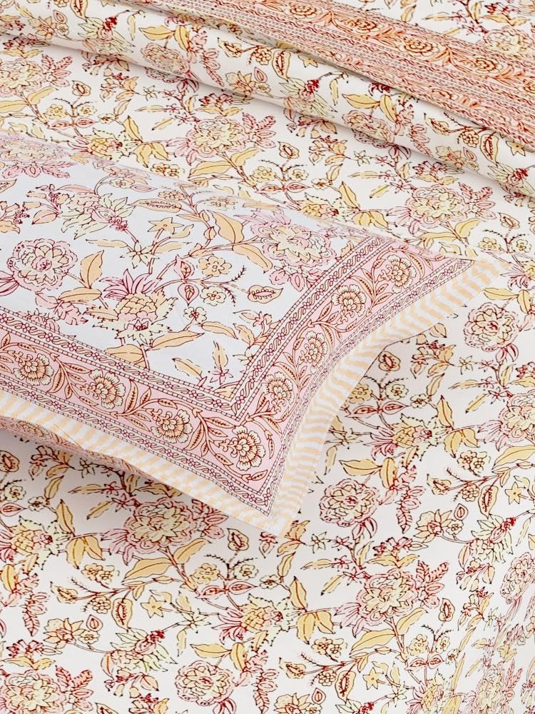 Traditional Rajasthani Design Bedsheet With 2 Pillow Covers - 90 X 108 Inches, Peach & Yellow | Color Fade Resistant & Shrinkage Resistant For All-Season Use