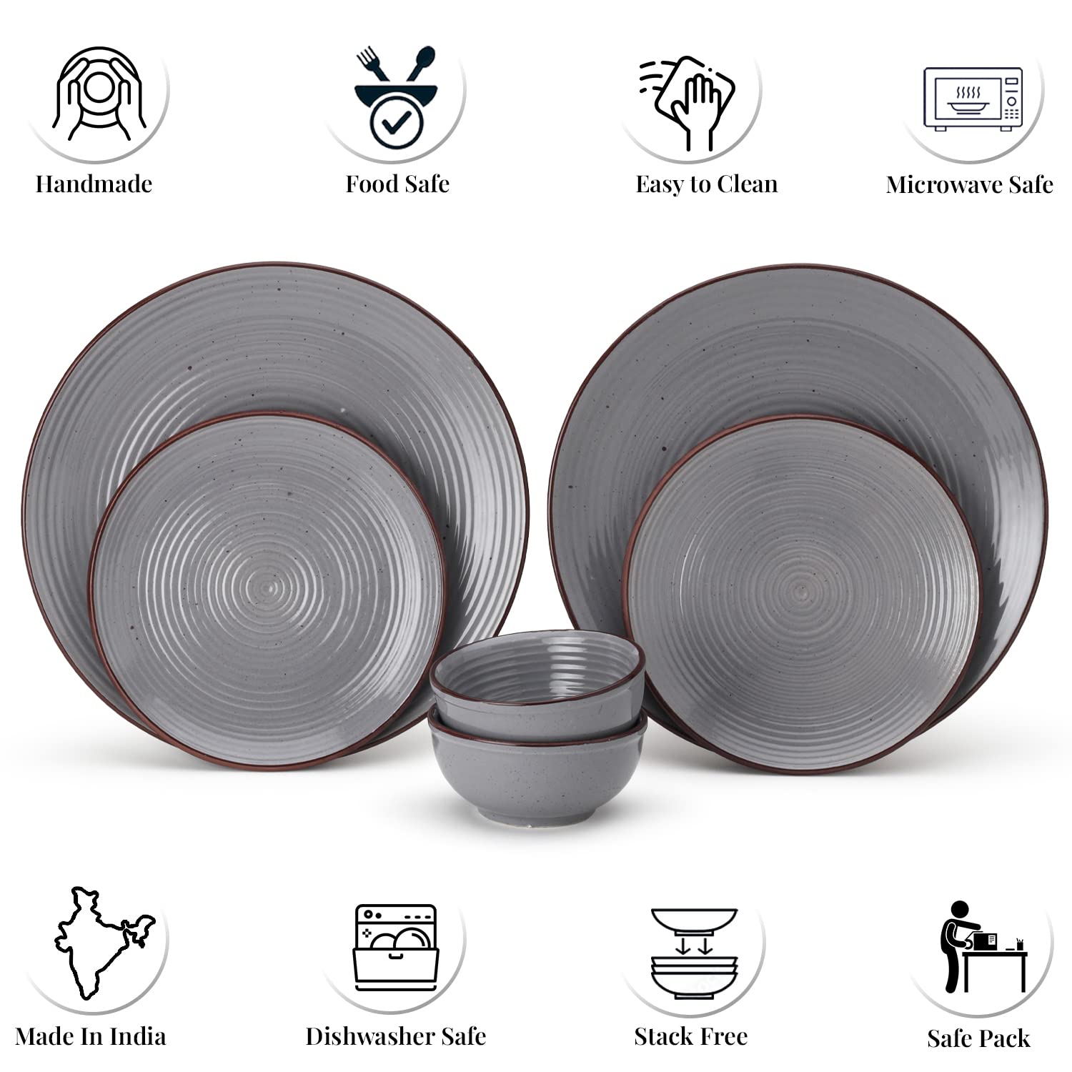 Hand Painted Ceramic Stoneware Dinner Set Of 6 - Grey | 2 Dinner Plates, 10 Inch Each+ 2 Small Plates, 7 Inch Each + 2 Small Dinner Bowls, 180ml Each - Microwave & Dishwasher Safe