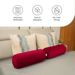 Microfiber Bolster Pillow For Bed & Sofa, Side, Diwan, Maroon - 10 X 25 Inch | Round Side Pillow | Light, Soft & Fluffy For Neck & Back Support | Washable, Velvet Cover With Zip - Set Of 2