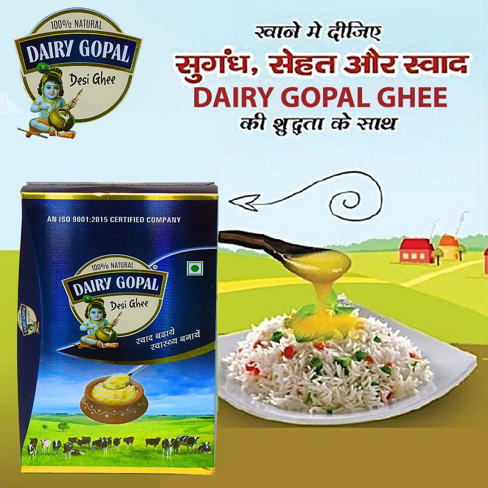 100% Pure Cow Desi Ghee By Dairy Gopal | Good Source Of Vitamins A, D, E & K Healthy Desi Ghee Perfect For Boondi Laddus | 5 Litre (1 Litre * 5) 169.0 Ounce | Box Pack