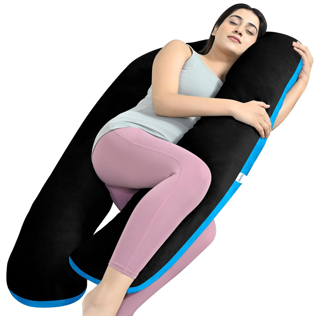 U Shaped Pregnancy Pillow For Pregnant Women & Nursing Mom, Black & Sky Blue | Full Body Support, Single Pillow For Multipurpose Use During Maternity | Premium Velvet Outer Cover With Zip