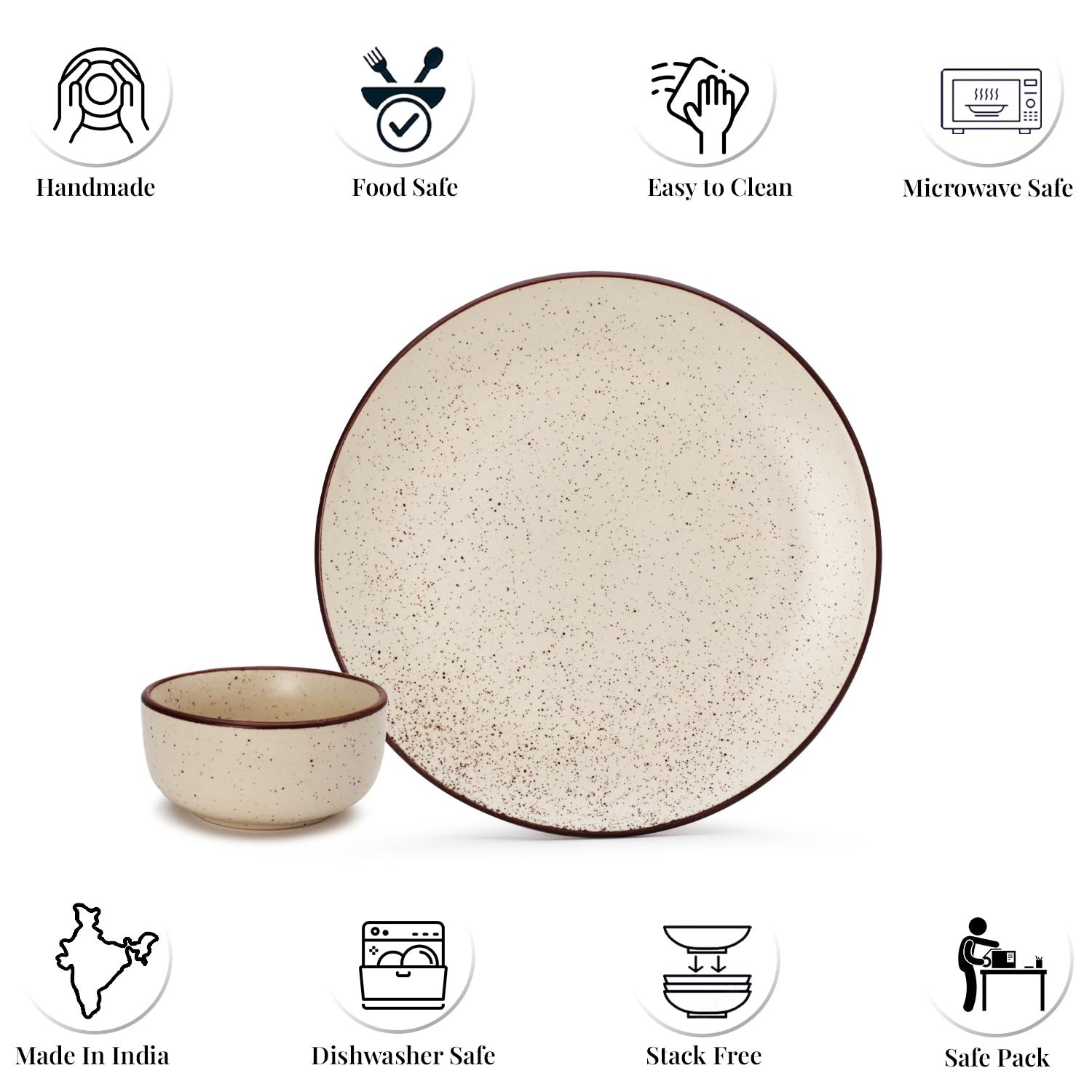 Handcrafted Ceramic Stoneware Dinner Set - Pack Of 12 Pcs, Beige Speckled | 4 Dinner Plates, 10.6 Inch Each + 8 Small Dinner Bowl, 170ml Each - Microwave & Dishwasher Safe