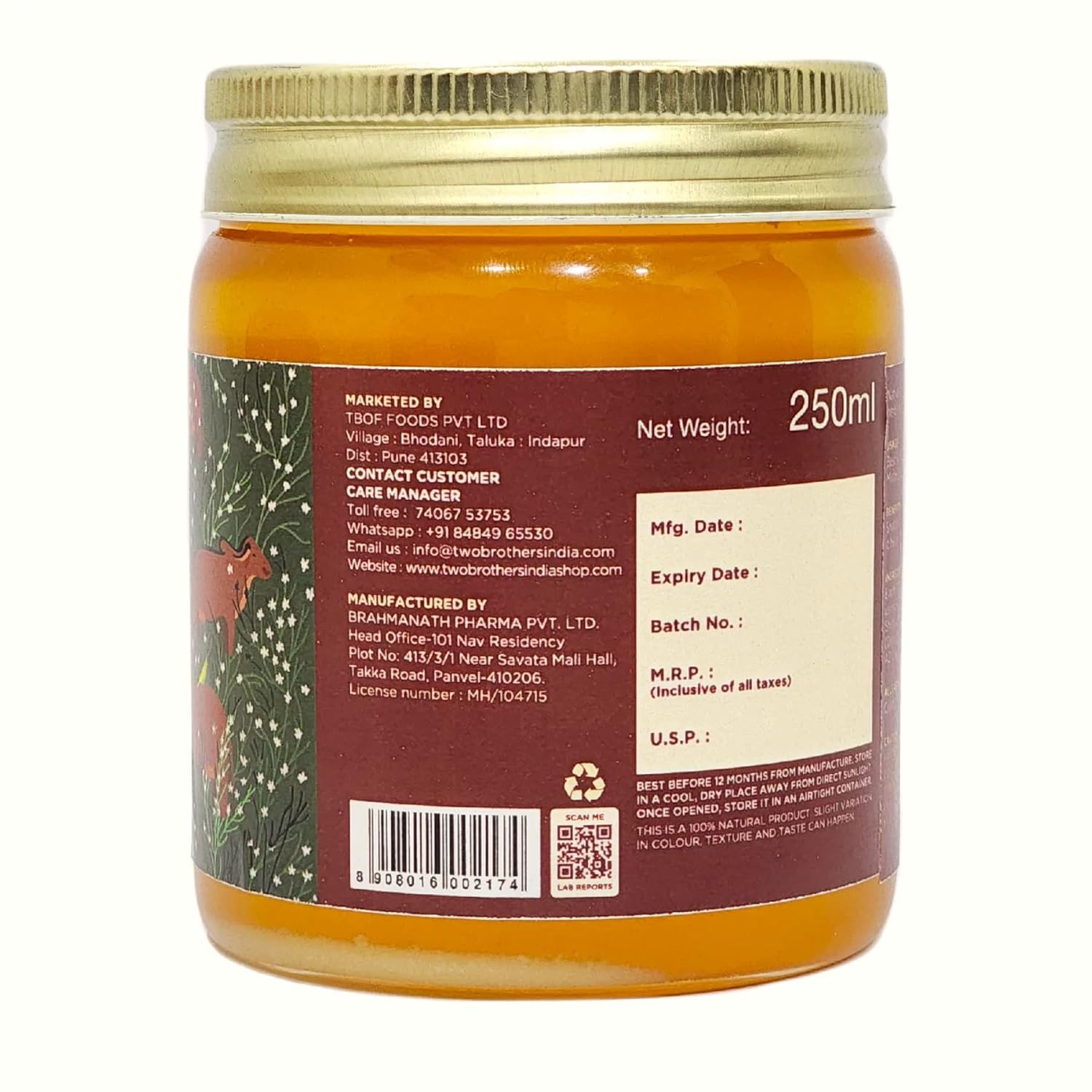 Natural (Shatavari) A2 Gir Cow Cultured Desi Ghee By Two Brothers Organic Farms | Naturally & Healthy Protein Fiber Desi Ghee Good For Heart Health | (250ml) 8.4 Ounce | Jar Pack