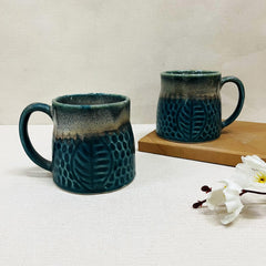 Teal Green Leaf Embossed Ceramic Coffee Mug Set Of 2 Pieces - 350ml Each | Studio Pottery Ceramic Mugs For Coffee, Tea, Milk - Microwave Safe & Leak Proof