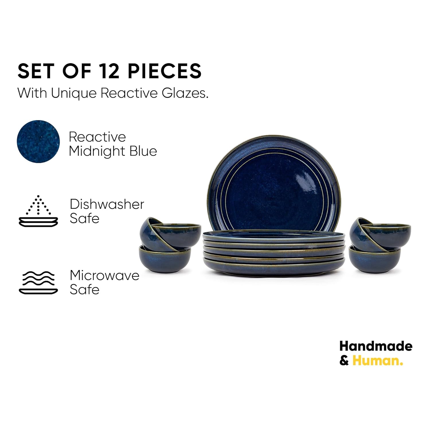 Ceramic Dinner Set Of 12 Pcs, Blue Green | Crockery Set For Dining Table - Dining Sets Crockery Items | Glossy Finish Premium Stoneware Dinner Set | 6 Dinner Plates+ 6 Veg Small Bowls, 180ml Each