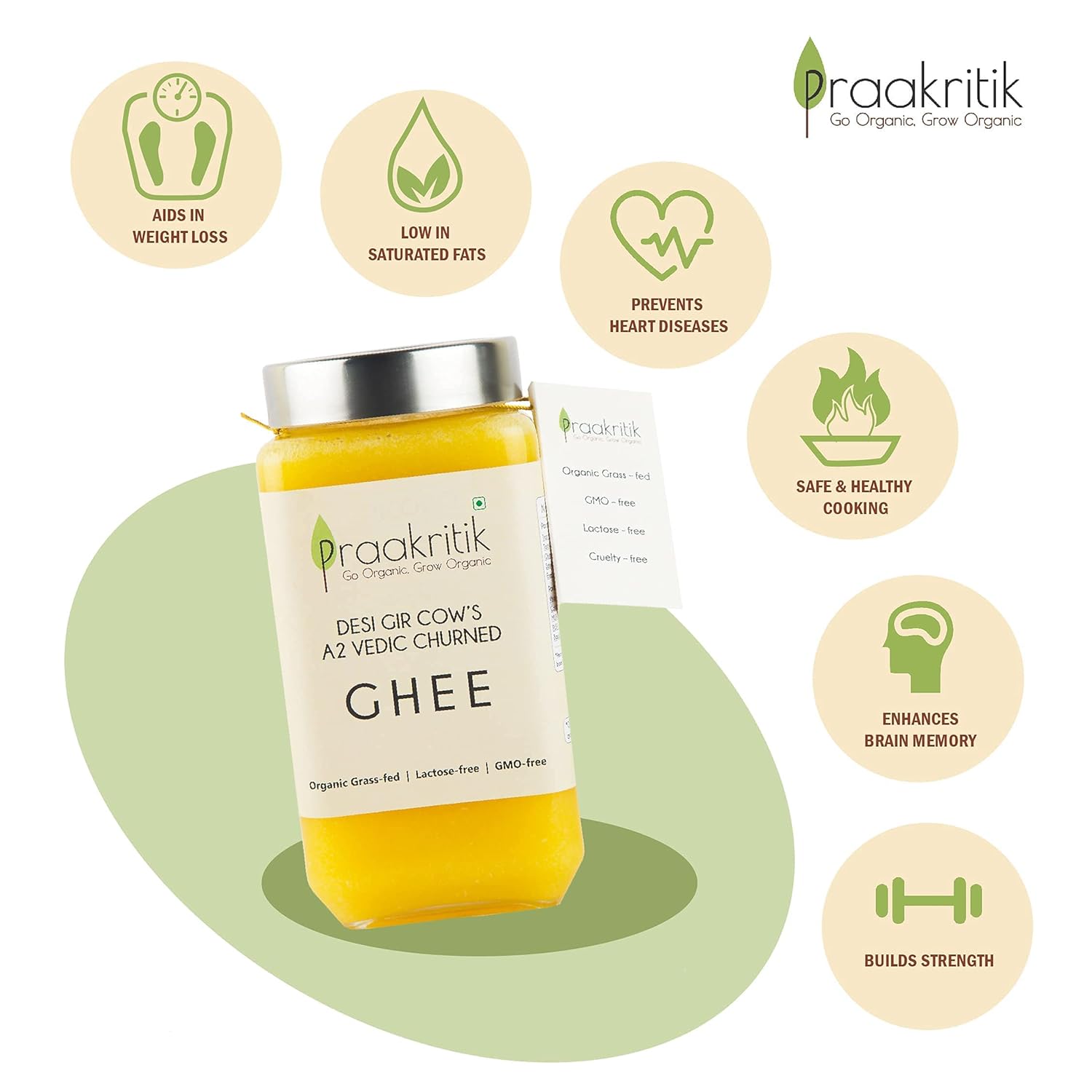 Pure Natural A2 Gir Cow Desi Ghee By Praakritik | High In Protein Fiber & Nutrients Healthy Desi Ghee Good For Parathe | (1 Litr) 33.8 Ounce | Jar Pack