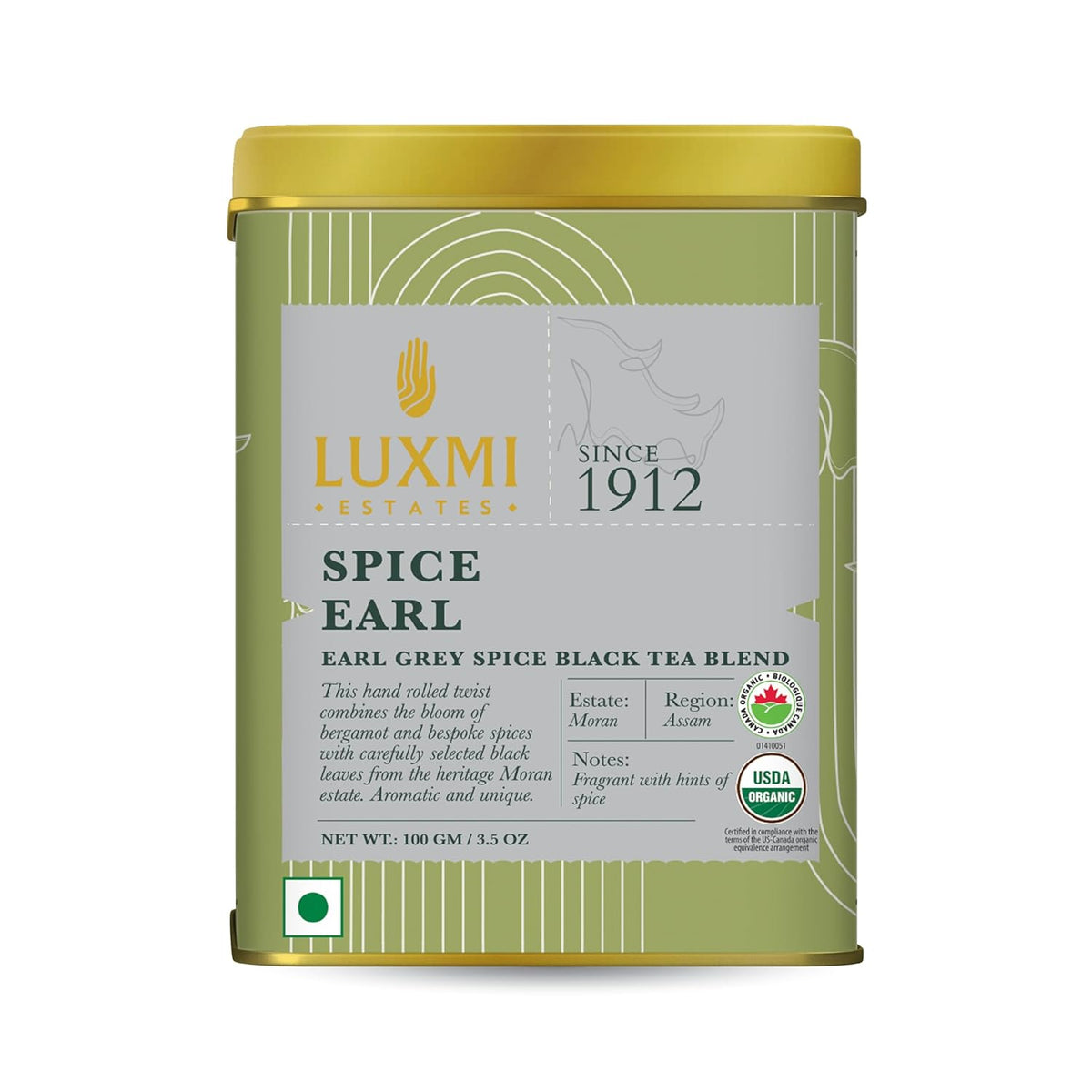 Luxmi Estates Spice Earl Grey Black Tea Blend - 100gm Tin, 3.5 Ounce | USDA Certified Organic Tea - Caffeinated Herbal Tea | Made With Cinnamon, Cardamom, Cloves, Black Pepper