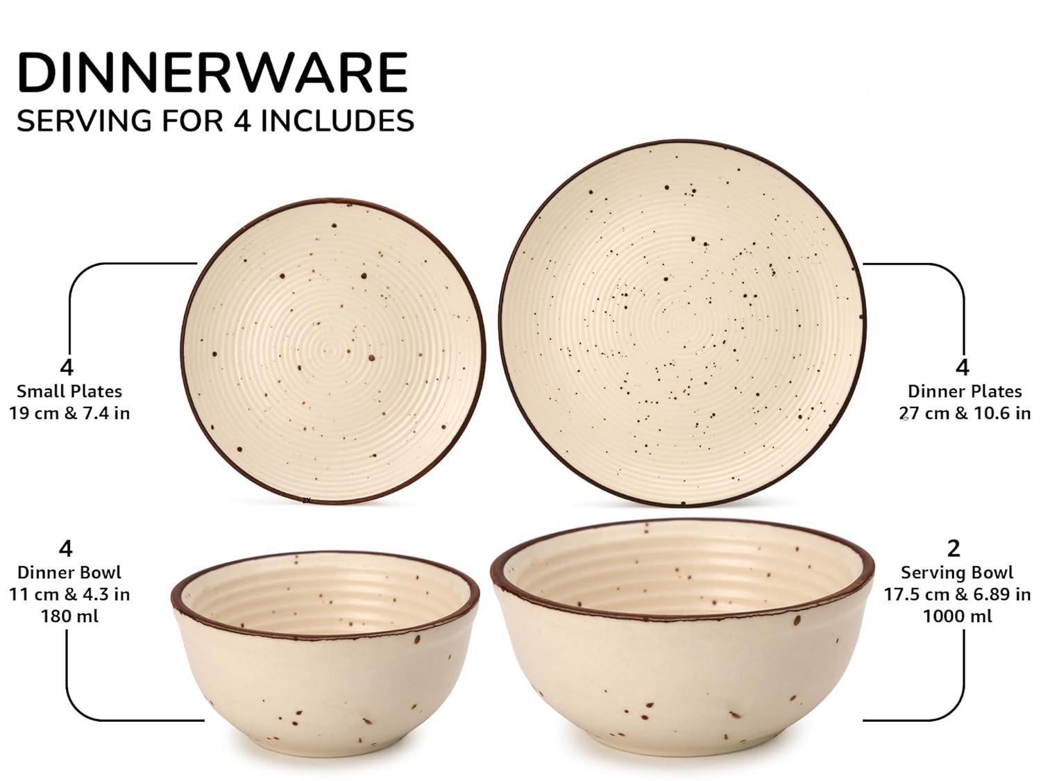 Handcrafted Ceramic Stoneware Dinner Set Of 14 Pieces With Serving Bowl Set - Beige | 4 Dinner Plates + 4 Small Plates + 4 Dinner Bowl, 180ml Each+ 2 Serving Bowl, 1000ml Each - Microwave Safe