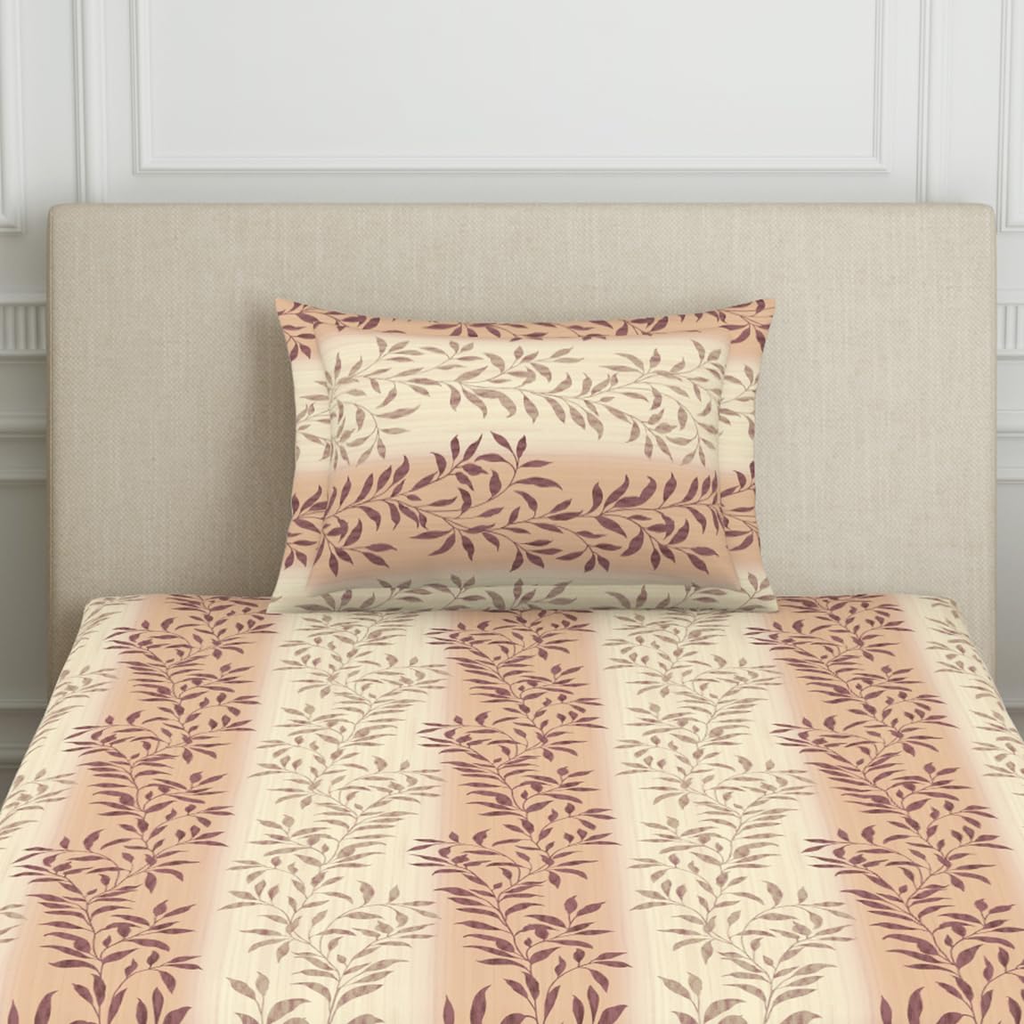 Polycotton Bedsheet For Single Bed With 1 Pillow Cover - 60 X 88 Inches, Beige & Brown | Skin Safe & Super Soft Small Size Bedsheet - 120 Thread Count