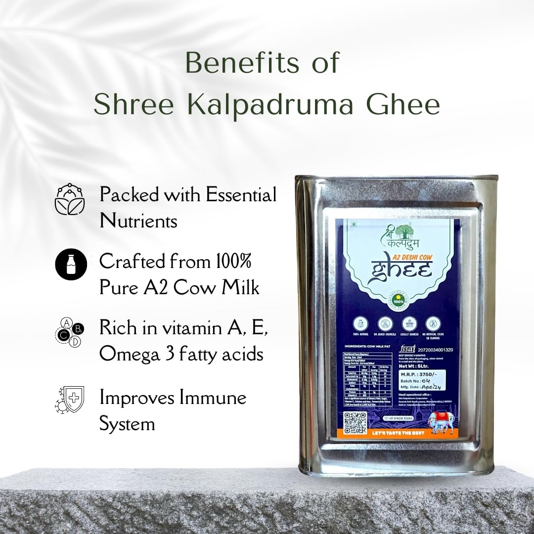 100% Natural Cow Ghee By Shri Kalpadruma | Rich In Vitamin A & Healthy Nutrients Desi Ghee Perfect For Sweets | (5 Litr) 169.0 Ounce | Tin Pack