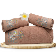 Rangoli 100% Cotton Martin Bath & Hand Towels 900 Gsm | Quick Dry, Ultra Soft, Highly Absorbent Printed Bath Towel - Peach (Set Of 3)