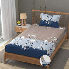 Elastic Fitted 1 Single Bedsheet With 1 Pillow Cover | 36 X 78 Inches, Beige & Blue - Breathable & Durable, Soft Touch & Perfect For All Seasons