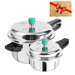 Triply Stainless Steel Pressure Cooker Outer Lid Combo + Free Wooden Chopping Board - 2 Ltr + 5 Ltr | Induction Friendly, ISI-Certified, Nonstick 3-Layer Body, 100% Pure & Toxin-Free