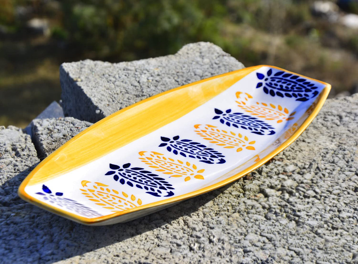 Hand Painted Ceramic Serving Platter - Orange & Black, L X B – 38 Cm X 16 Cm | Starter Serving Platter - Kebab Platter