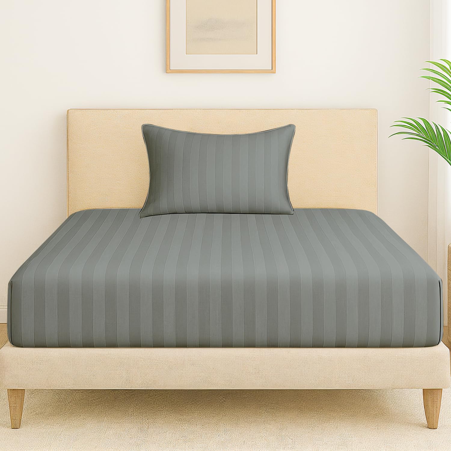 1 Single Bedsheet For King Size With 1 Pillow Covers | 36 X 78 Inches, Dark Grey - 130 Thread Count Soft & Comfortable | Ideal For Bedroom, Guest Room, House