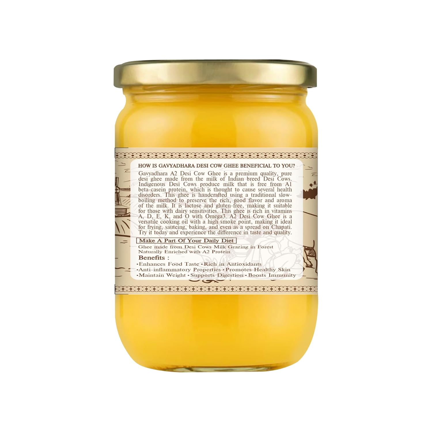 Pure Desi Cow Ghee By Gavyadhara | Natural & Healthy Vedic Bilona Method Curd Churned Cow Desi Ghee For Heart Health | (1 Litre) 33.8 Ounce | Jar Pack