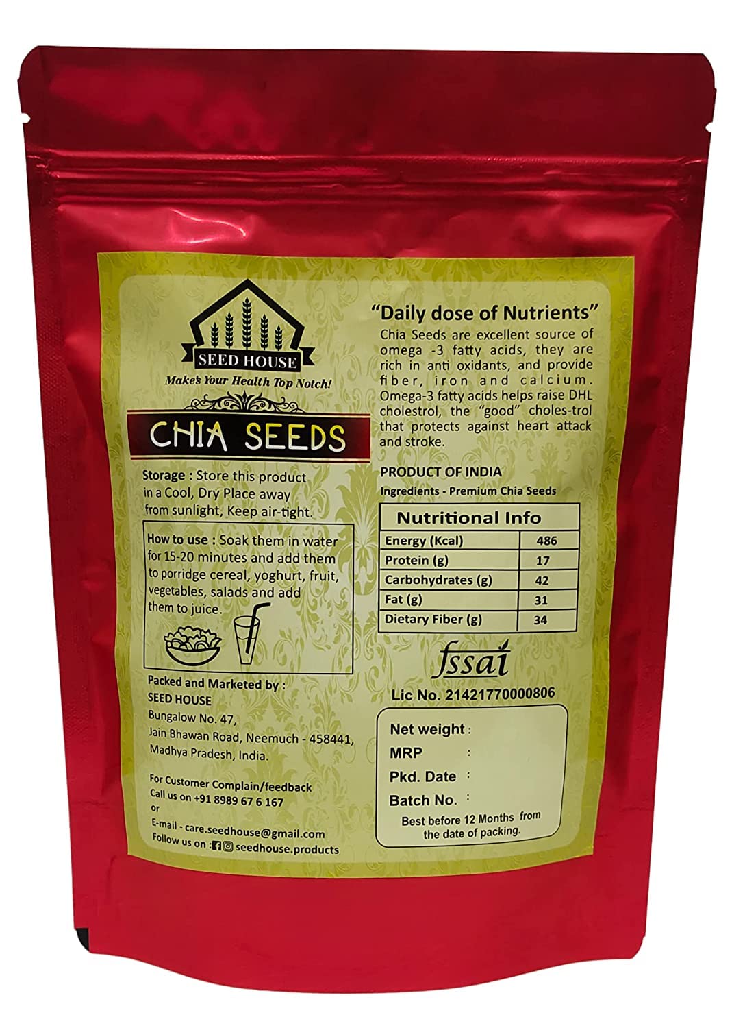 Seed House Premium Chia Seeds Rich In Omega 3 & Fibre Chia Seeds For Weight Loss Supports Skin Health & Digestive System | 400gm 0.8lbs