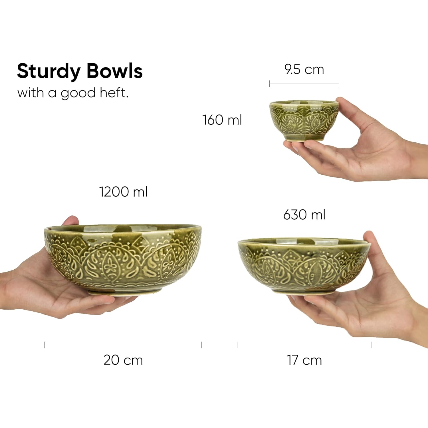 Ceramic Carving Dinner Set Of 21 Pcs, Mehndi Green | Crockery Set - Dining Sets | 6 Dinner Plates+ 6 Dinner Plates+ 6 Veg Bowls, 160ml Each+ 2 Medium Bowls, 630ml Each+ 1 Large Bowl, 1200ml