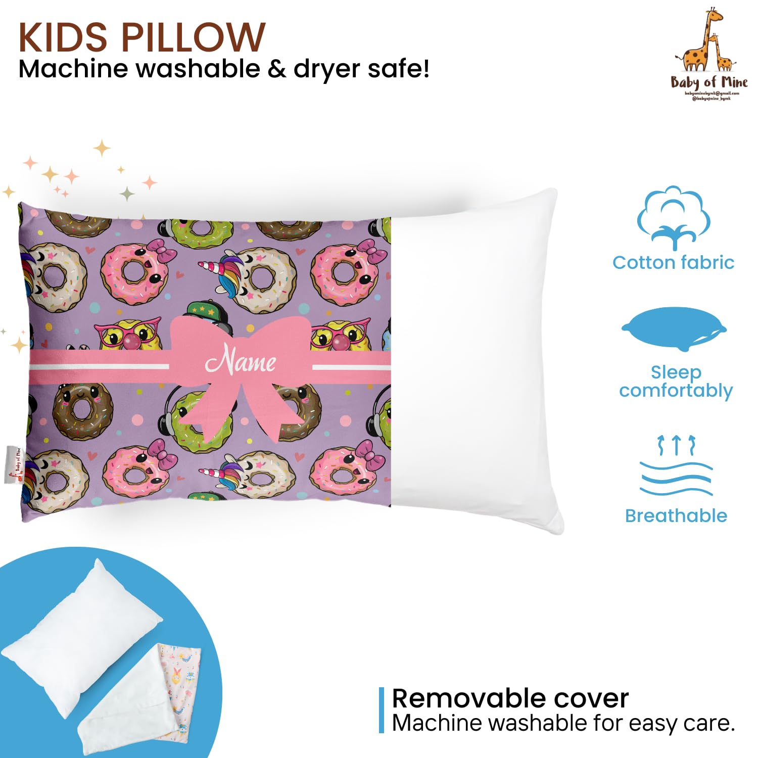 Personalized Pillow For Kids, Super Soft Cotton Kids Cushion - 12 X 18 Inches | Custom Name, For 5 Years Old Kids, Adorable Prints | For Head, Neck Support Baby Pillow - Pillow 08