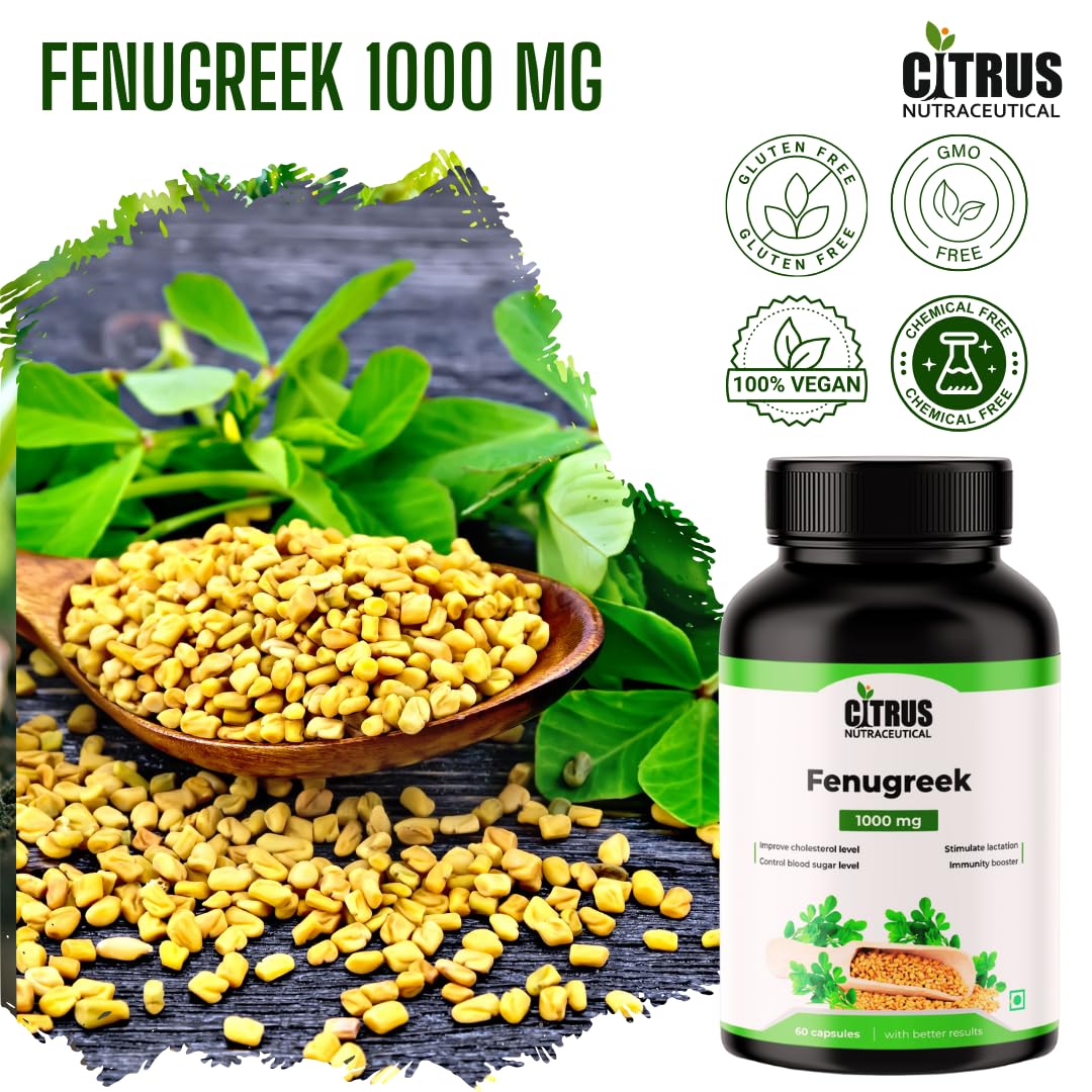 Citrus Nutraceutical Fenugreek Seed Extract Supplement 1000 Mg For Improve Digestion, Regulate Sugar, Increase Lactation & Cardiovascular Support | 60 Capsule, 100gm 0.2lbs