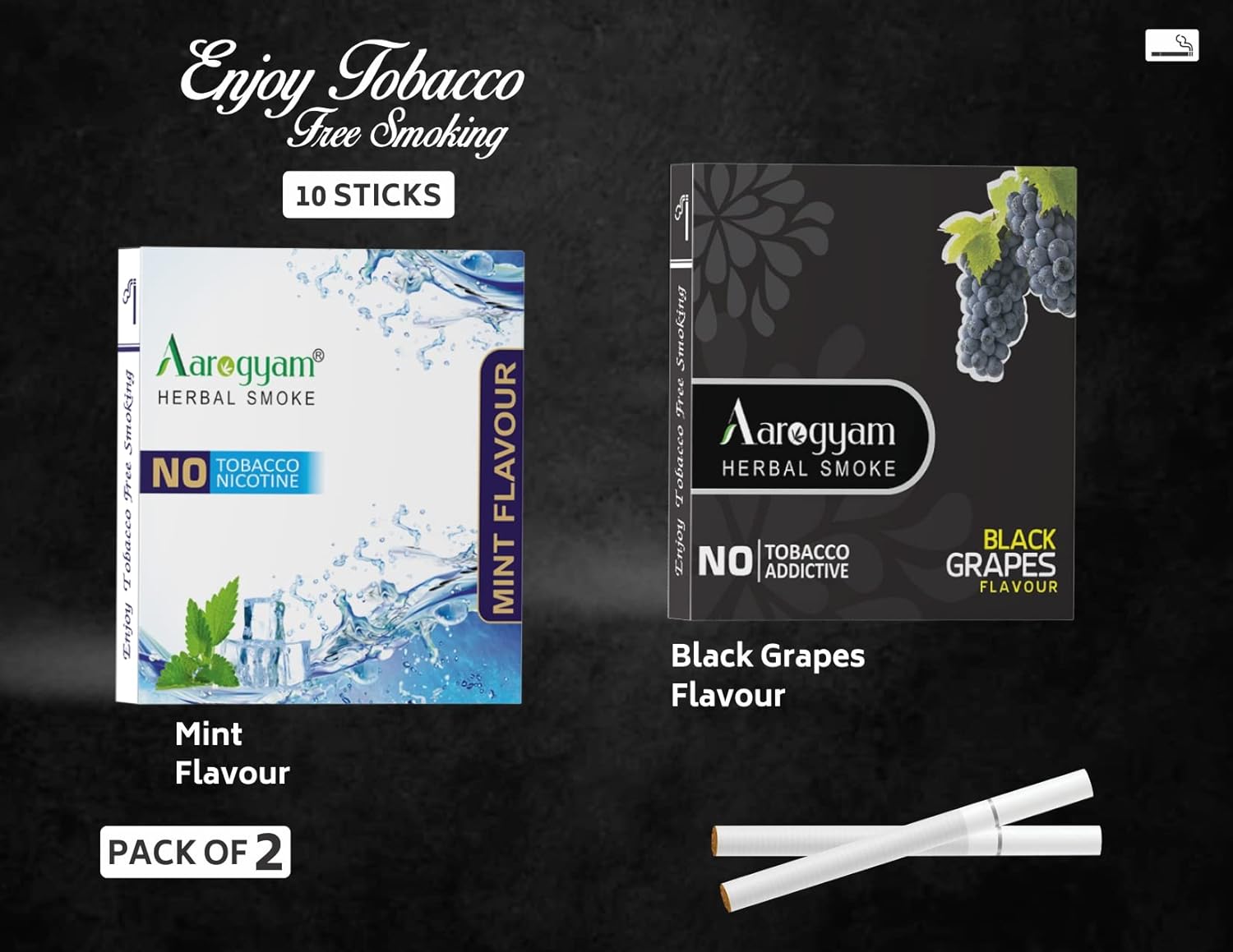 Mint & Black Grapes Flavored Cigarette For Relieve Stress & Mood Enhance - 10 Sticks X 2 Packets | No Bad Smell, Non Addictive, No Harmful - Tobacco & Nicotine Free