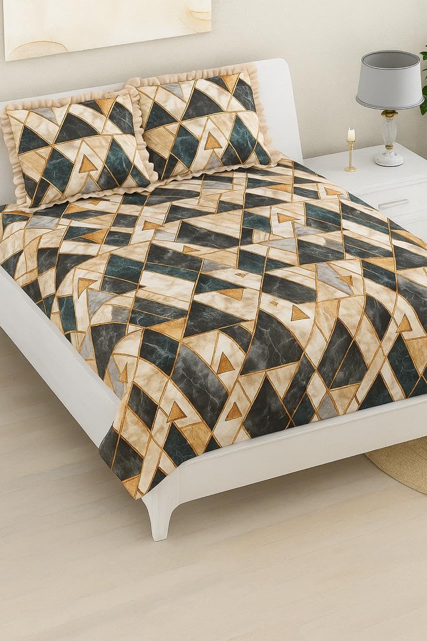 Premium Heavy Queen Size Bedsheet With 2 Frill Pillow Covers | 72 X 78 Inches, Gold & Cream | Double Bed, All-Around Elastic Fitted | Luxurious Comfort & Durability