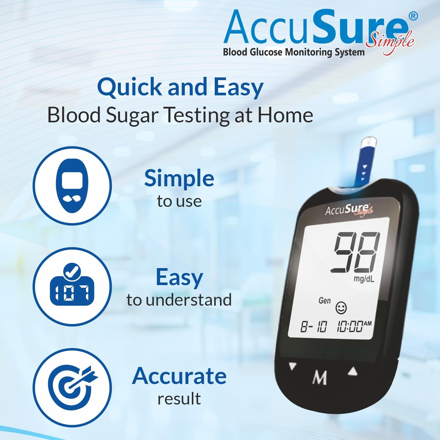 AccuSure Instant Digital Simple Glucometer Kit With 25 Strips+ 10 Lancets+ 1 Lancing Device For Accurate Blood Glucose Sugar Testing Machine