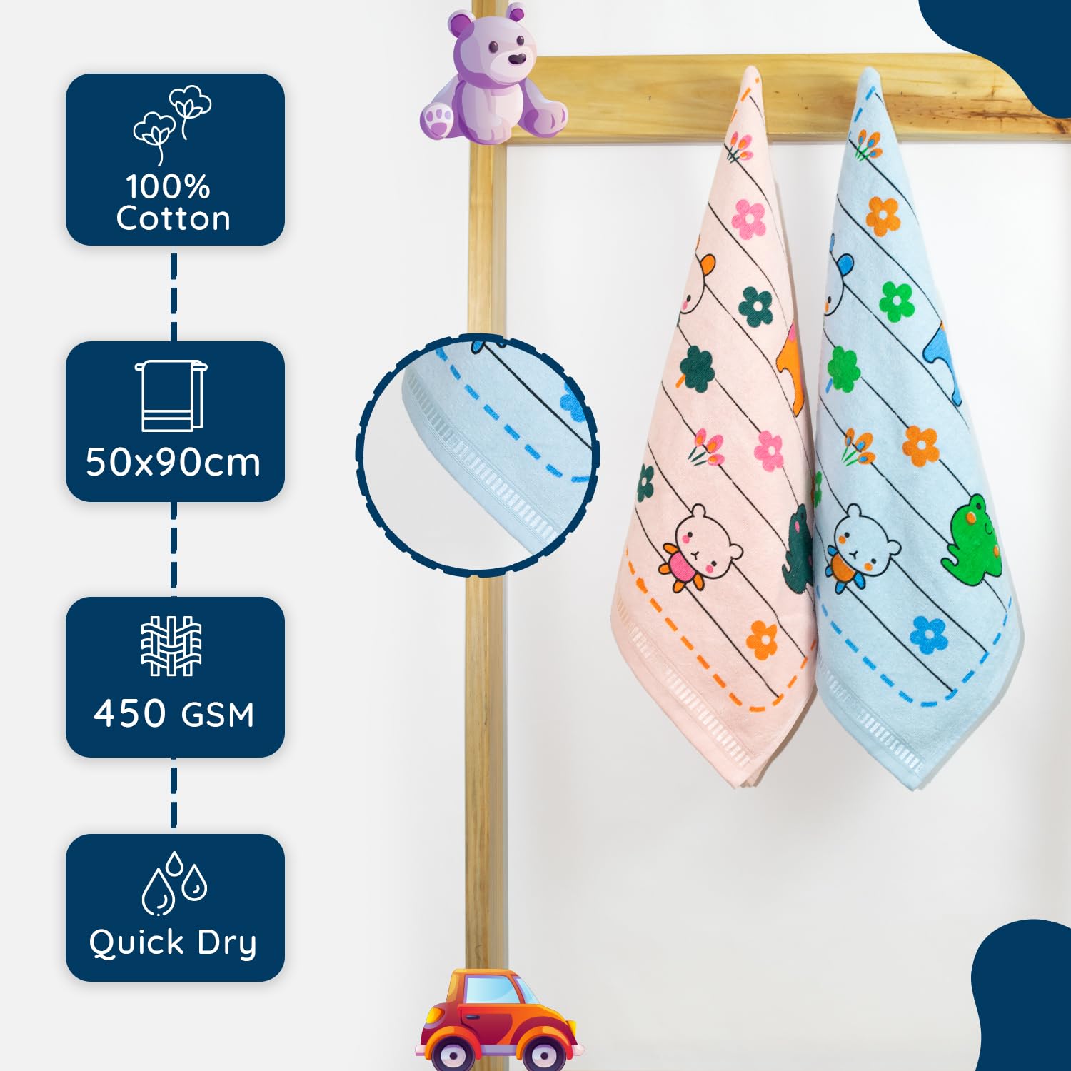 Rangoli 100% Cotton Baby Bath Towel 600 Gsm | Super Soft & Highly Absorbent, Anti-Bacterial, Multipurpose Towels (Light Blue & Light Pink) - Pack Of 2