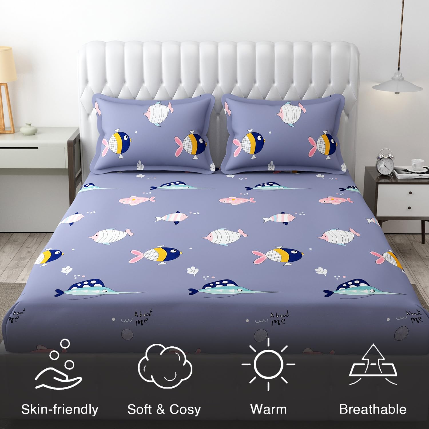 Wrinkle Free Soft Kids Double Bedsheets For King Size With 2 Pillow Cover | 90 X 95 Inches, Light Blue | Cartoon Printed Design | Child Bedroom Decor