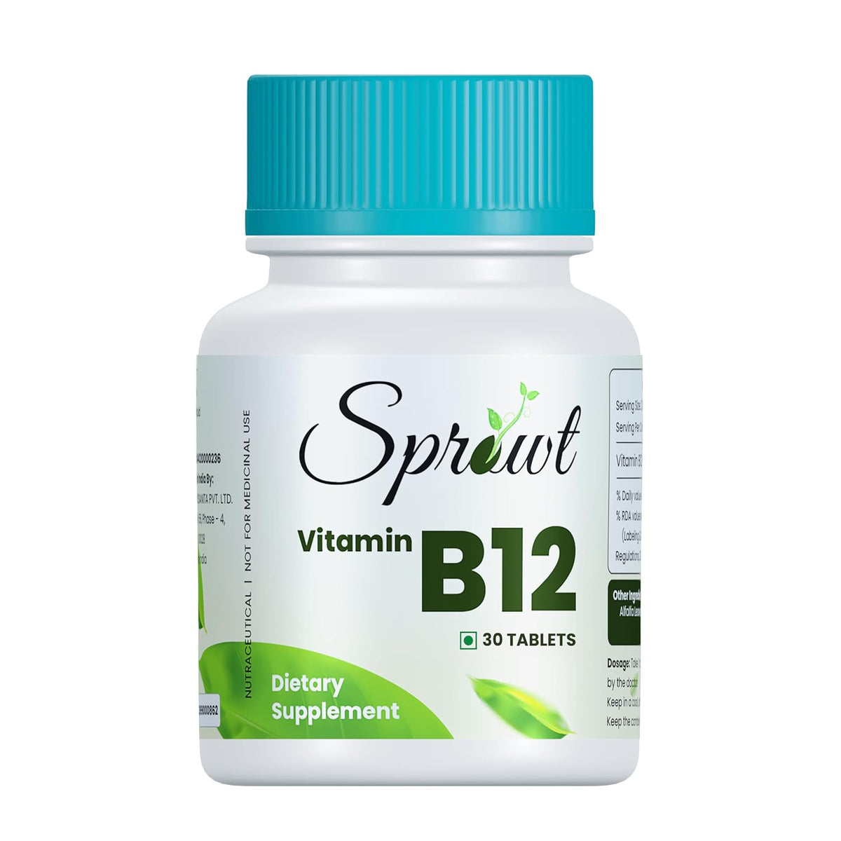 Sprowt Plant Based Methylcobalamin (90%) Vitamin B12 Supplements , Good For Digestion And Nerve Health | 30 Tablets , 50gm 0.1lbs