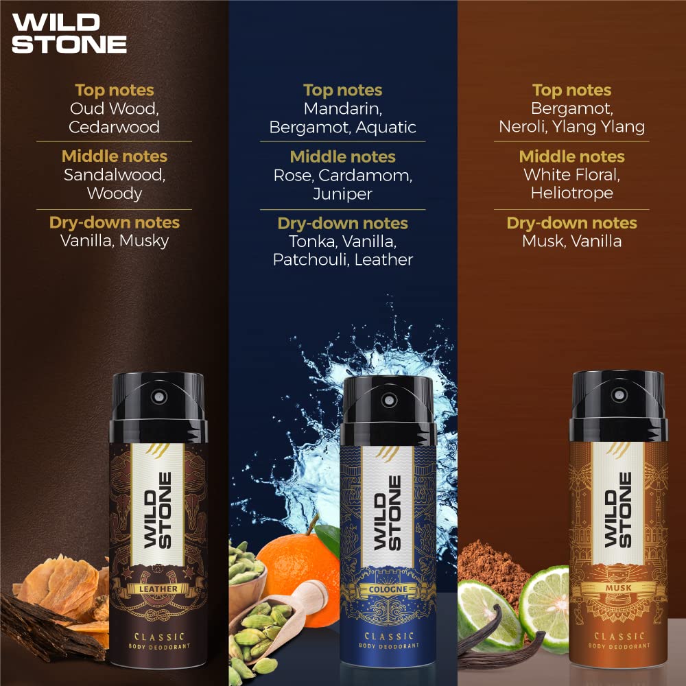 Wild Stone Classic Cologne, Leather & Musk Deodorants For Men Long Lasting Body Spray 675ml 22.8 Fl.oz. | Pack Of 3