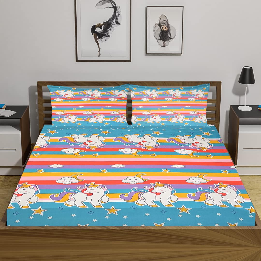 Kids Cotton Bedsheet For King Size With 2 Pillow Cover (90 X 90 Inches) Multicolor | Long-Lasting & Luxuriously Soft | 210 Thread Count Bedsheet