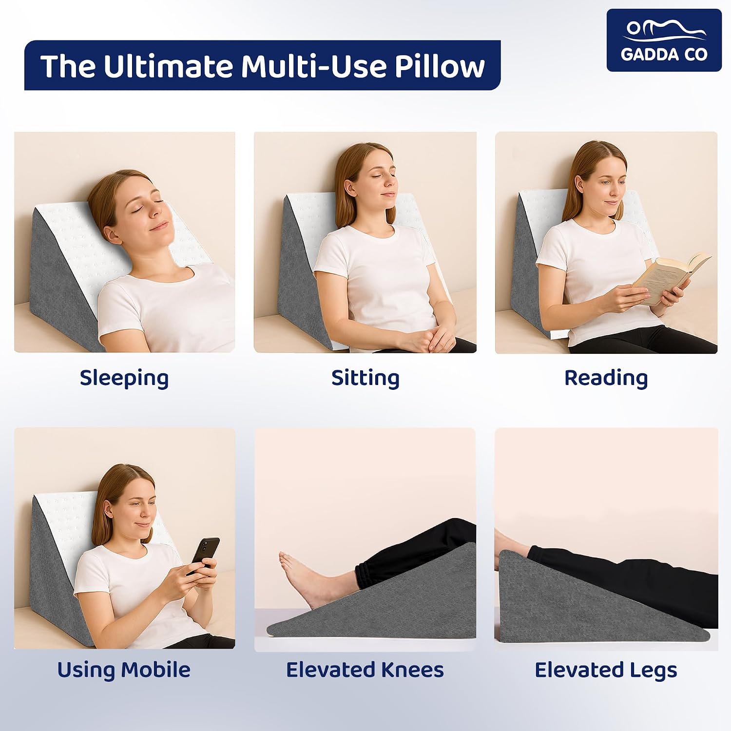 Wedge Pillow For Sleeping, Acid Reflux & Gerd Relief, White & Grey | Wedge Cushion, Orthopedic Support With Memory Foam Pillow | Leg, Back, Pregnancy Support, Resting Pillow - Pack Of 1