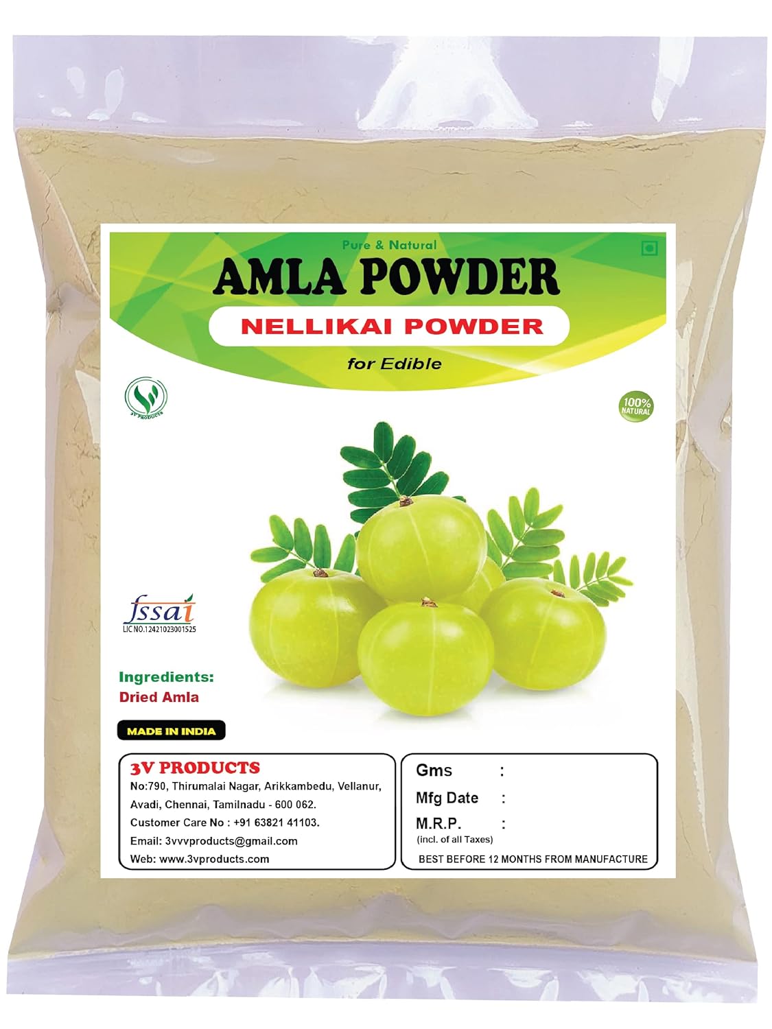 3v Products Organic Amla Powder For Eating & Drinking Indian Gooseberry Nellikai Emblica Officinalis Edible Enriched With Vitamin C, Immunity Booster, Detox & Weight Management | 1 Kg 2.2lbs