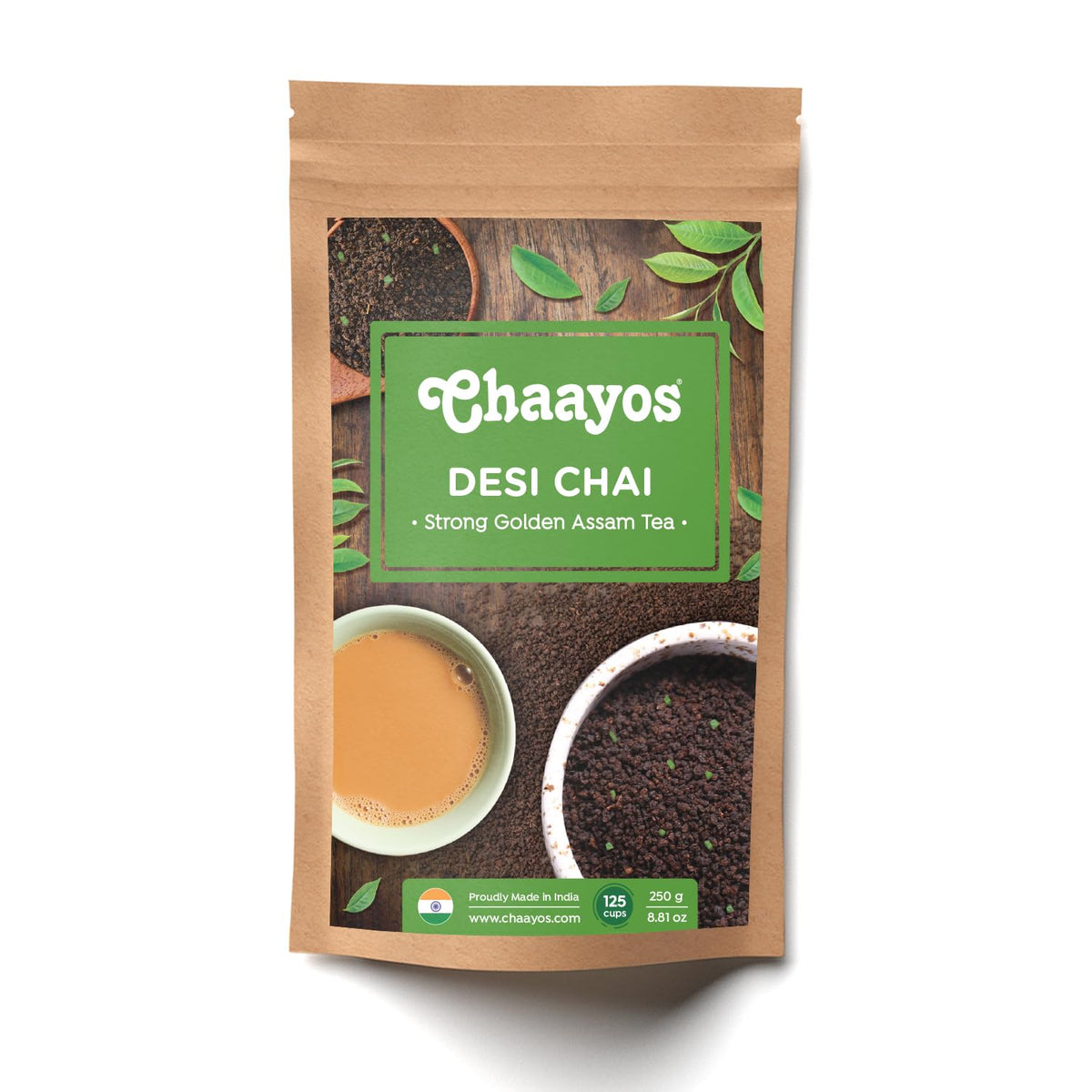 Chaayos Strong Golden Assam Tea - 250gm, 8.8 Ounce, 125 Cups | Premium Chai Patti Desi Chai - Assam Black CTC Tea | Caffeine Free