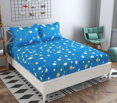Elastic Fitted Printed King Size Double Bedsheet With 2 Pillow Cover | 72 X 78 X 6 Inches, Blue & White | 100% Pure Super Soft Glace Cotton With 210 Thread Count