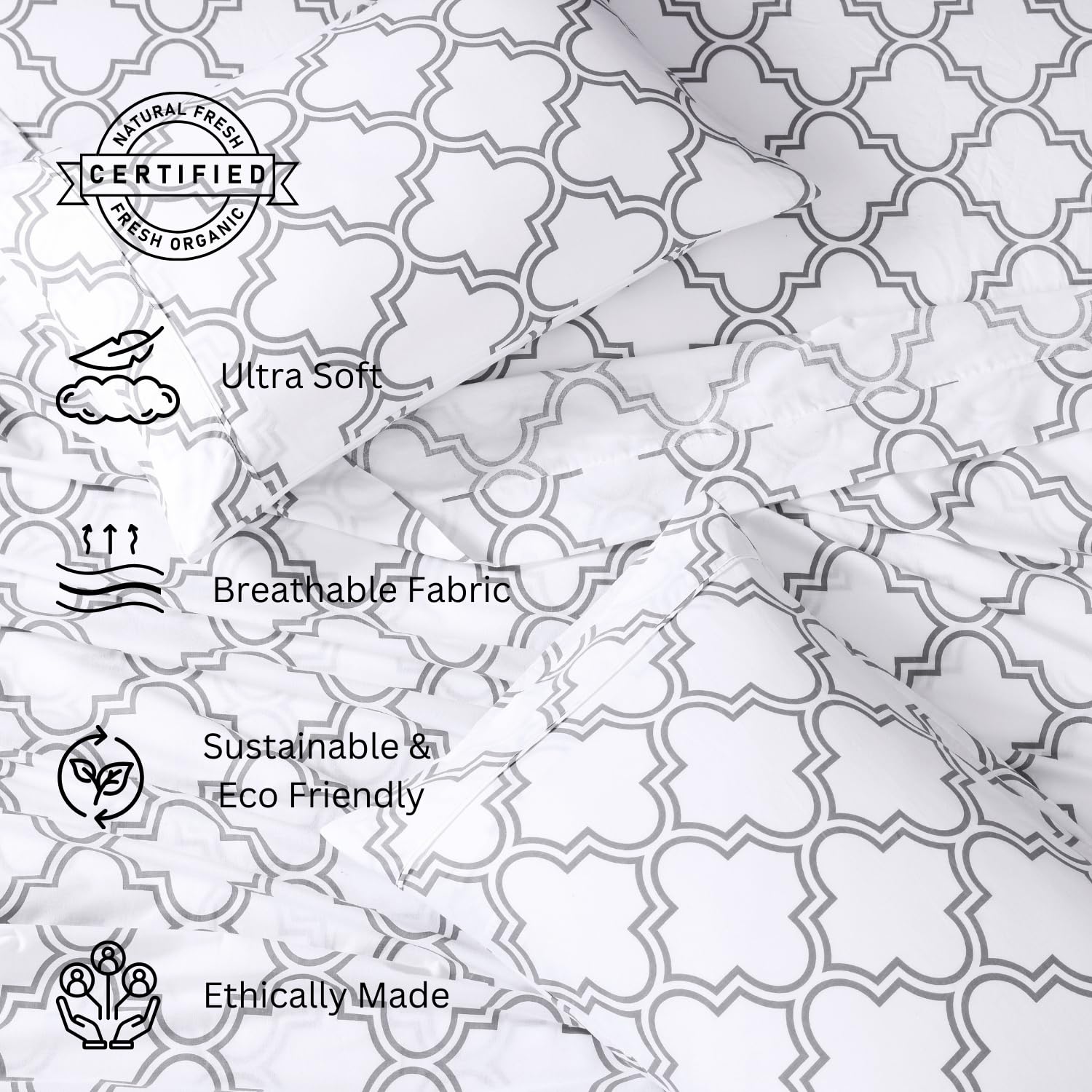 100% Organic Cotton Bedsheet For Double Bed With 2 Pillow Covers | 90 X 100 Inches, White & Grey | Soft & Comfortable Fabric, Machine Washable