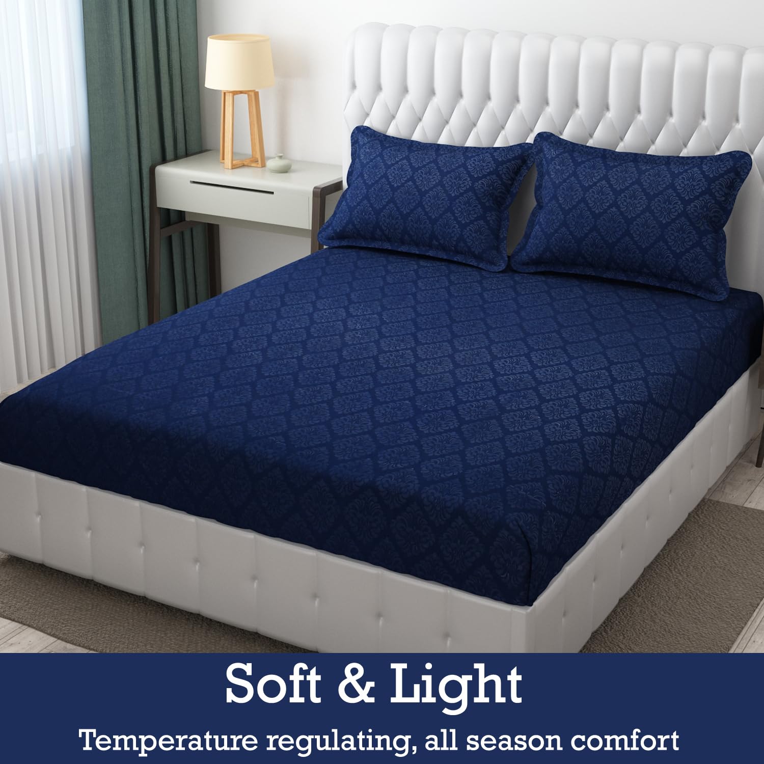 144 TC King Size Bedsheet With 2 Pillow Covers - 90 X 95 Inches | Navy Blue, Damas Design Bedsheet | Machine Washable & Wrinkle Resistant