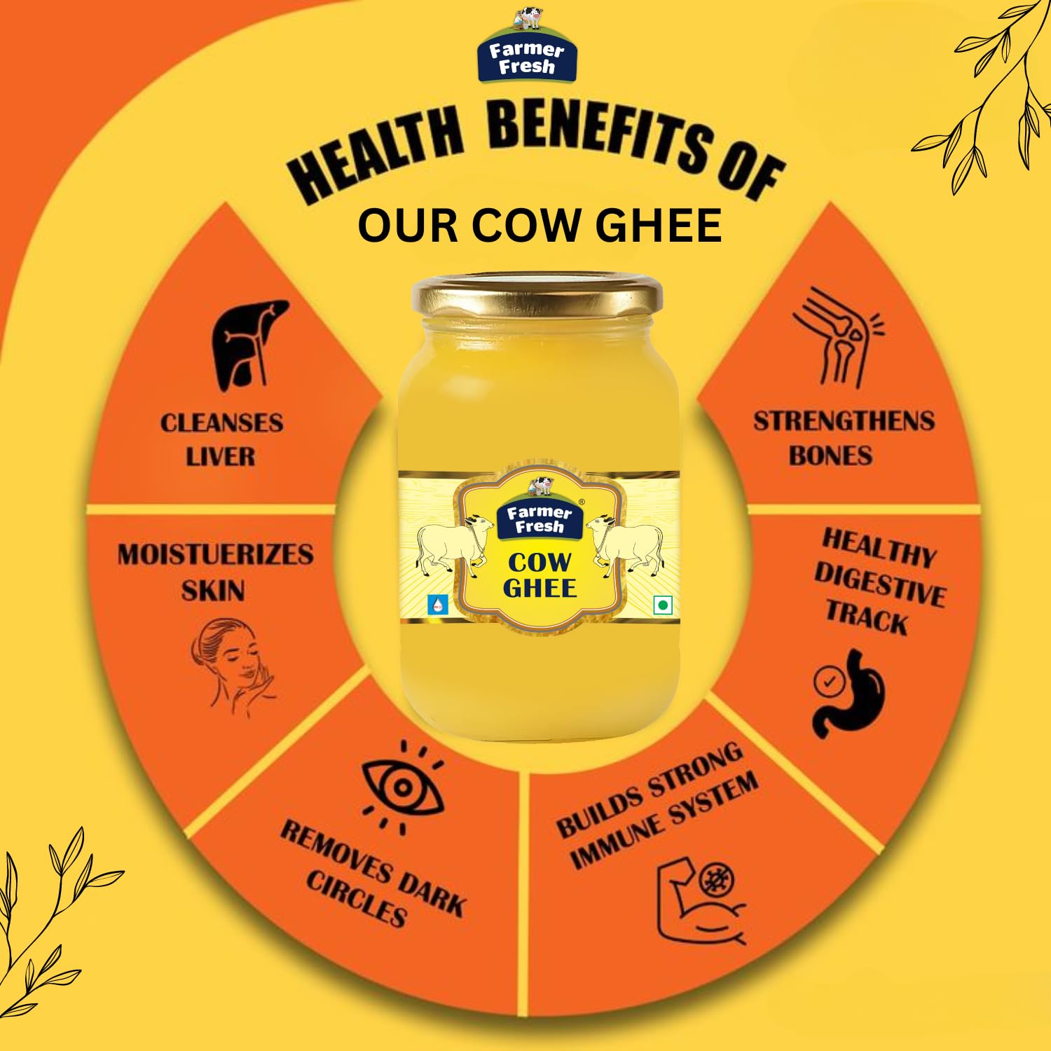 Pure Premium Cow Ghee By Farmer Fresh | Highly Nutritious Rich Flavor For Cooking & Ayurvedic Benefits Pure Desi Ghee | (1 Litr) 33.8 Ounce | Jar Pack